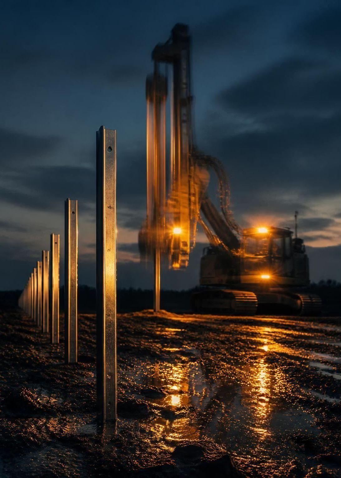 Battipali al lavoro in un cantiere fotovoltaico al tramonto